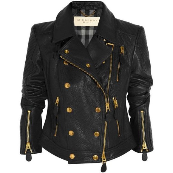 Burberry Brit Colefield Black Gold Quilted Leather Moto Jacket - Picture 1 of 16